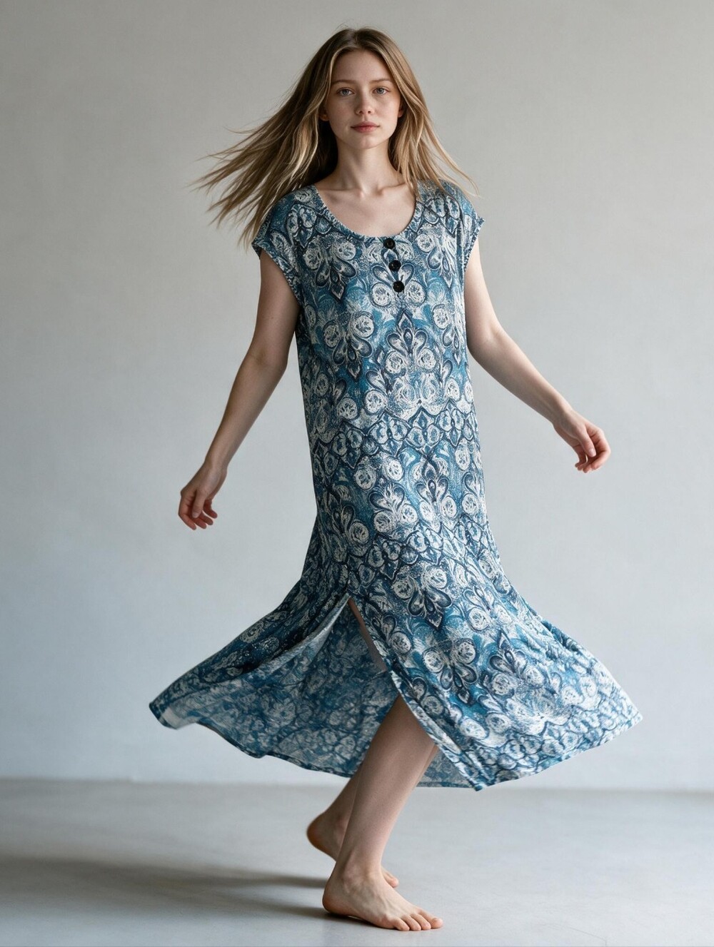 J.Jill Sleeveless Knit Oversized Maxi Dress Blue Paisley Medallion Print sz Med